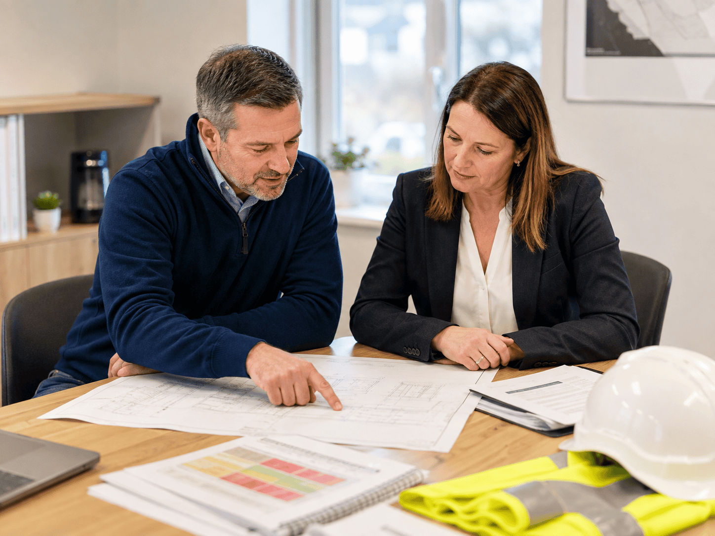 Health and safety consultant reviewing workplace safety plans with a business manager.