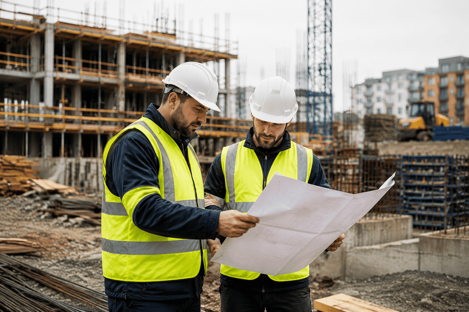 Construction professionals reviewing plans on an active building site.
