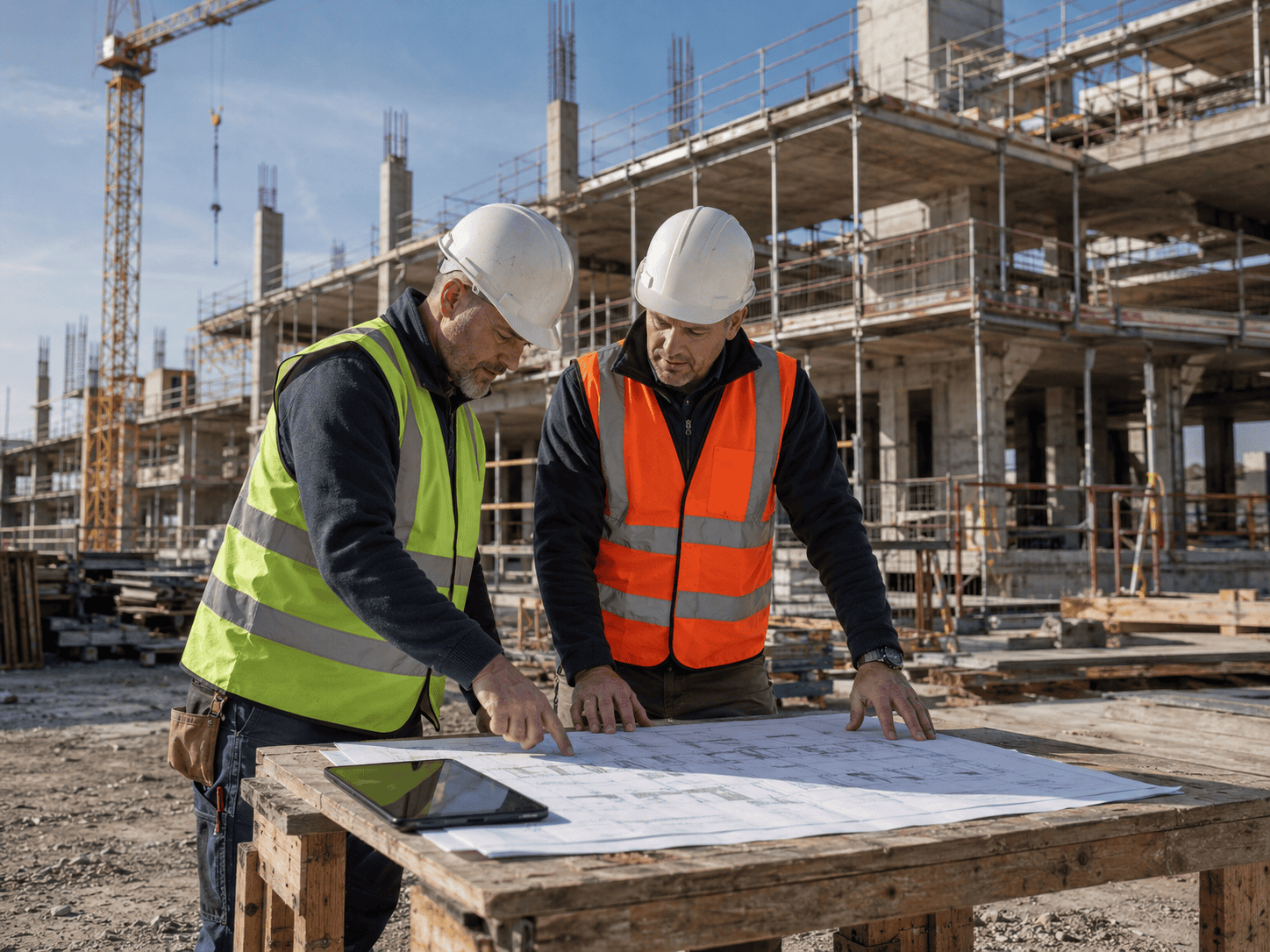 Construction safety professionals reviewing project plans on site