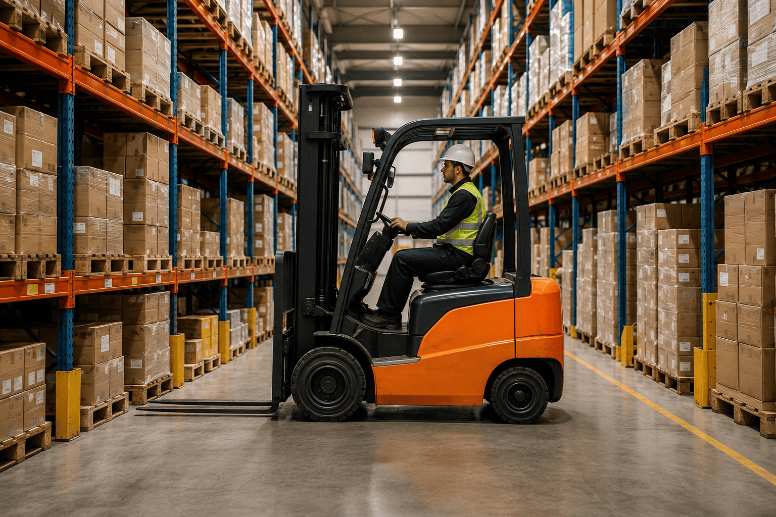 Forklift operator working in an organised distribution warehouse.