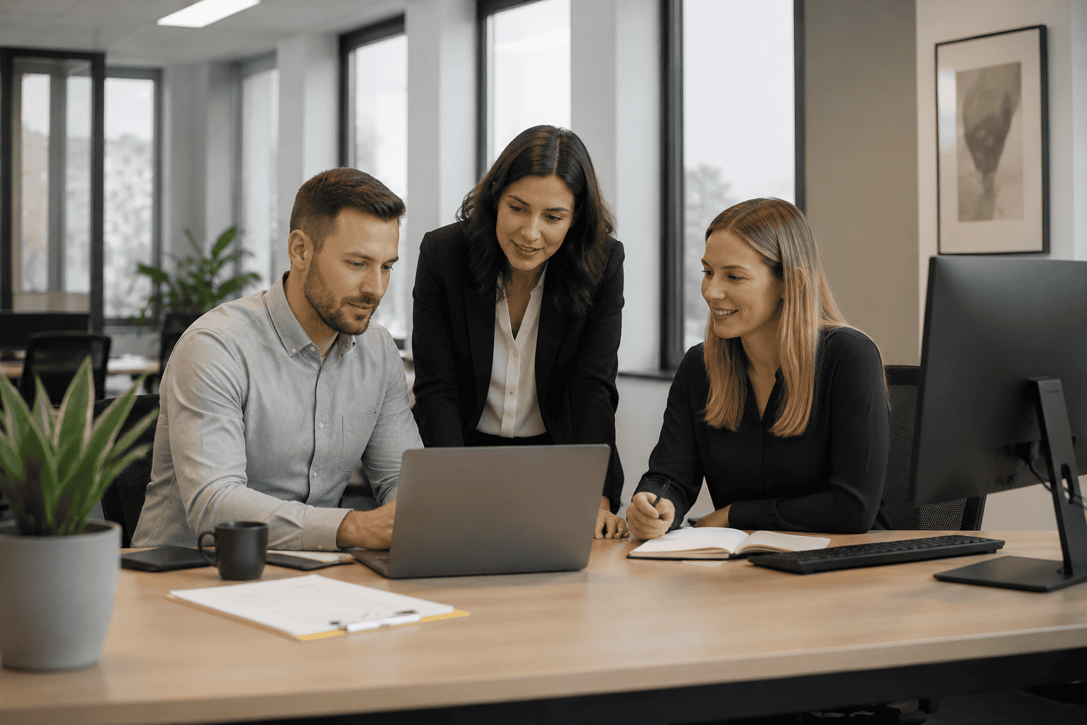 Office-based professionals collaborating around a laptop.