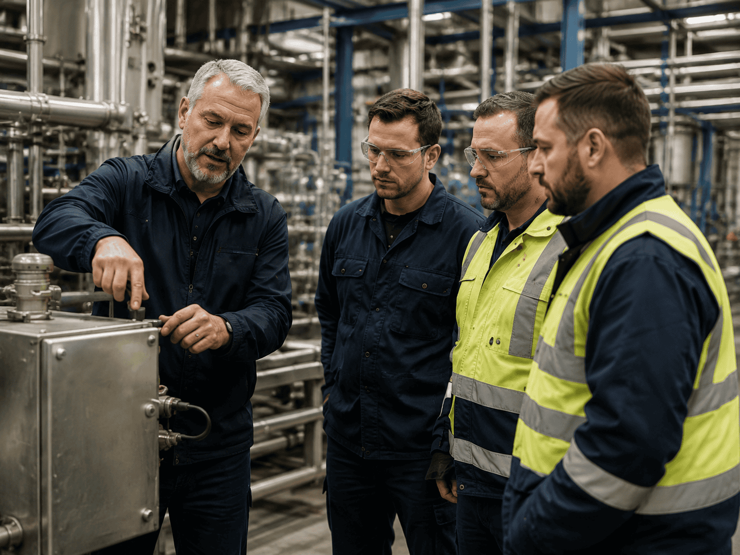 safety trainer delivering practical workplace training beside industrial equipment.
